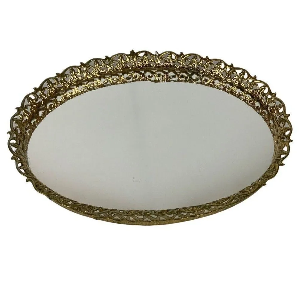 Vintage Oval Vanity Tray Gold Gilt Metal Filigree Mirror Hollywood Regency 1950s